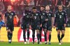 Bayern's scorer Jamal Musiala, third right, and his teammates celebrate their side's first goal during the Champions League group A soccer match between FC Copenhagen and FC Bayern Munich in Copenhagen, Denmark, Tuesday, Oct. 3, 2023. (Mads Claus Rasmussen/Ritzau Scanpix via AP)