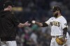San Diego Padres relief pitcher Pedro Avila, right, hands the ball to manager Bob Melvin as he exits during the seventh inning of a baseball game against the St. Louis Cardinals, Saturday, Sept. 23, 2023, in San Diego. (AP Photo/Gregory Bull)