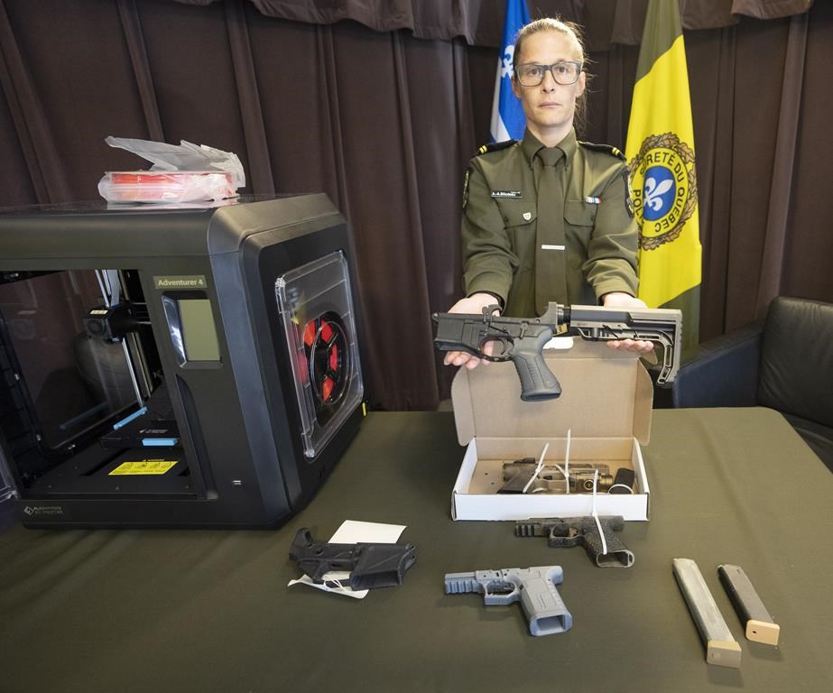 A database is needed to help keep track of privately made ghost guns, which are easy to make and hard to trace, says a historian at Saint Mary’s University, in Halifax. Quebec provincial police Sgt. Audrey-Ane Bilodeau shows some of the 3D-printed ghost guns seized in Operation Centaure during a news conference in Montreal, Wednesday, June 21, 2023. The multi-police operation seized 440 guns, including 71 3D-printed ghost guns, across Canada. THE CANADIAN PRESS/Ryan Remiorz