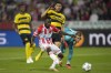 Red Star's Osman Bukari, centre, makes an attempt to score during the Group G Champions League soccer match between Red Star and Young Boys, at the Rajko Mitic Stadium in Belgrade, Serbia, Wednesday, Oct. 4, 2023. (AP Photo/Darko Vojinovic)