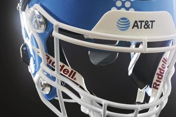 A football helmet developed for quarterbacks who are deaf or hard of hearing, at Gallaudet University in Washington, D.C. (Matt Monath / AT&T via The Associated Press)