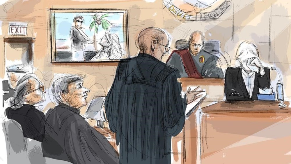 Peter Nygard, left to right, lawyer Brian Greenspan, Crown attorney Neville Golwalla, Justice Robert Goldstein and the complainant are shown in court during the Peter Nygard trial in Toronto on Tuesday, Oct. 3, 2023. THE CANADIAN PRESS/Alexandra Newbould