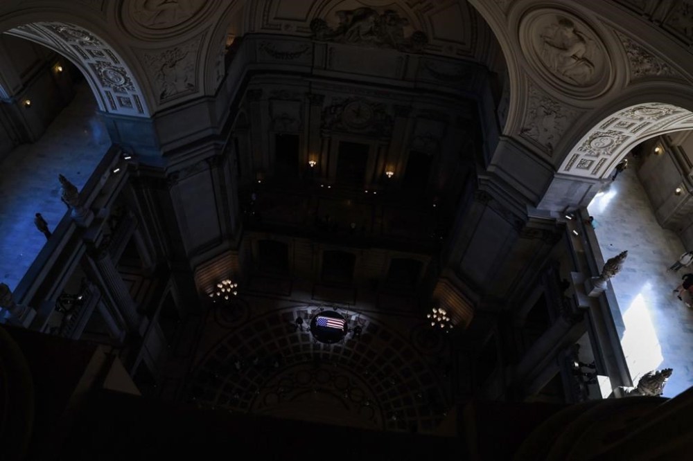 The casket of the late Sen. Dianne Feinstein rests in the Rotunda of City Hall during a public viewing, Wednesday, Oct. 4, 2023, in San Francisco, Calif. (Gabrielle Lurie/San Francisco Chronicle via AP)