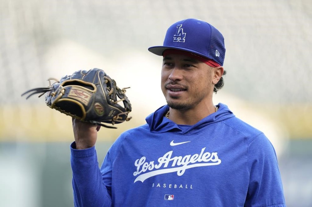 Los Angeles Dodgers second baseman Kolten Wong warms up before a baseball game against the Colorado Rockies, Thursday, Sept. 28, 2023, in Denver. (AP Photo/David Zalubowski)