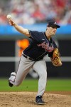 Atlanta Braves' Kyle Wright pitches during the first inning of the second baseball game in a doubleheader against the Philadelphia Phillies, Monday, Sept. 11, 2023, in Philadelphia. (AP Photo/Matt Slocum)
