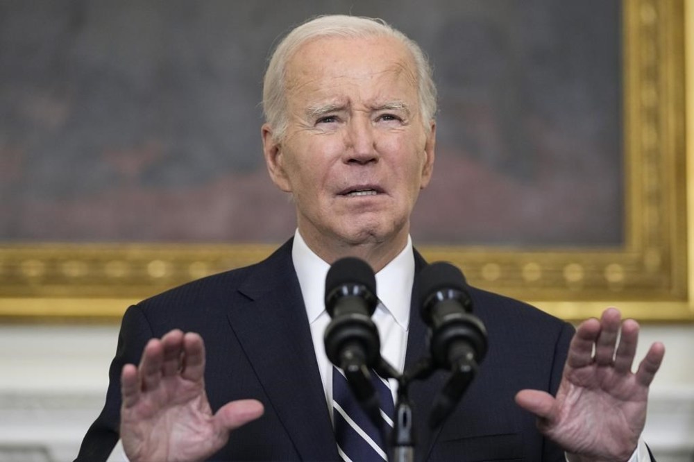 President Joe Biden speaks in the State Dining Room of the White House, Saturday, Oct. 7, 2023, in Washington. The militant Hamas rulers of the Gaza Strip have carried out an unprecedented, multifront attack on Israel, firing thousands of rockets as dozens of Hamas fighters infiltrated the heavily fortified border in several locations and catching the country off-guard on a major holiday. (AP Photo/Manuel Balce Ceneta)