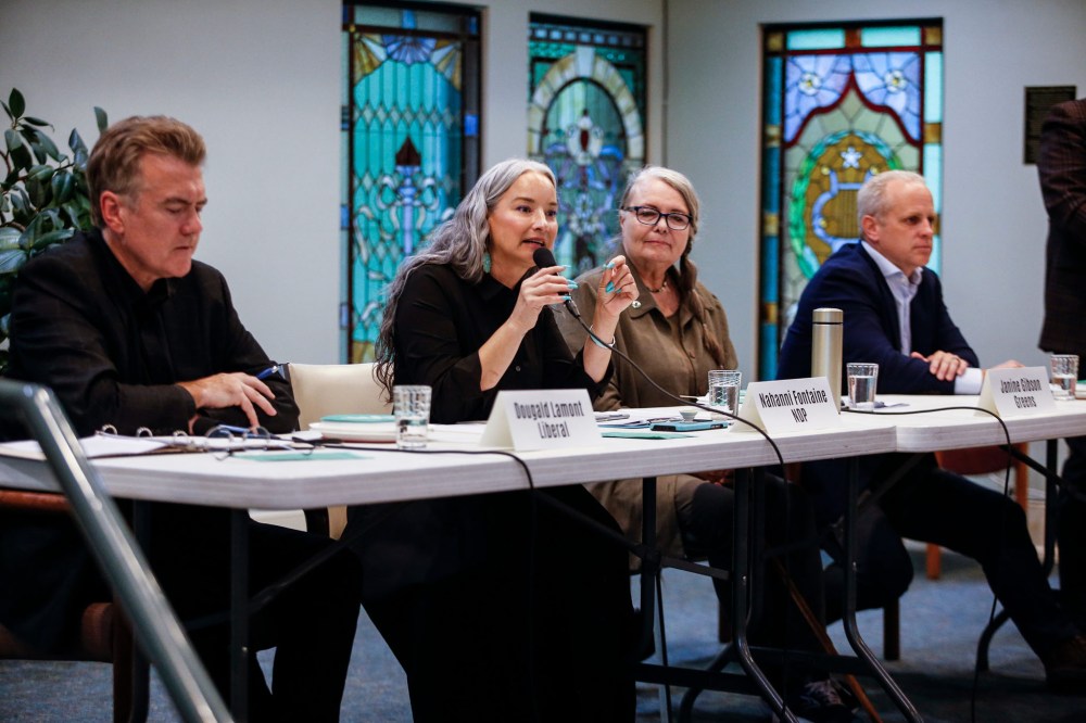 JOHN WOODS / WINNIPEG FREE PRESS
From left: Liberal leader Dougald Lamont, NDP MLA Nahanni Fontaine, Manitoba Green party leader Janine Gibson, and PC candidate Rick Shone at the poverty and homelessness forum Tuesday.