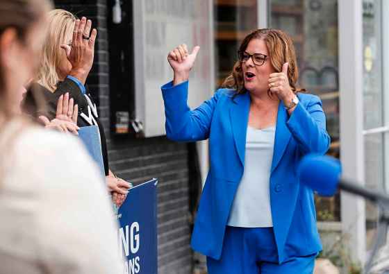 Manitoba PC Leader and Premier Heather Stefanson greets supporters before announcing the start of the provincial election process with supporters and candidates in Winnipeg, Tuesday. (John Woods / The Canadian Press)