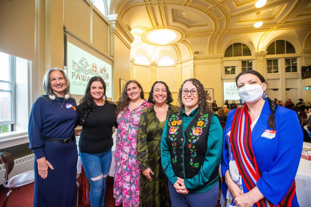 MIKAELA MACKENZIE / WINNIPEG FREE PRESS
Co-editors of Pawaatamihk, from left: Cathy Mattes, Lindsay DuPré, Lucy Fowler, Jennifer Markides, Chantal Fiola, and Laura Forsythe. The Métis scholars celebrated the release of its inaugural edition last week.