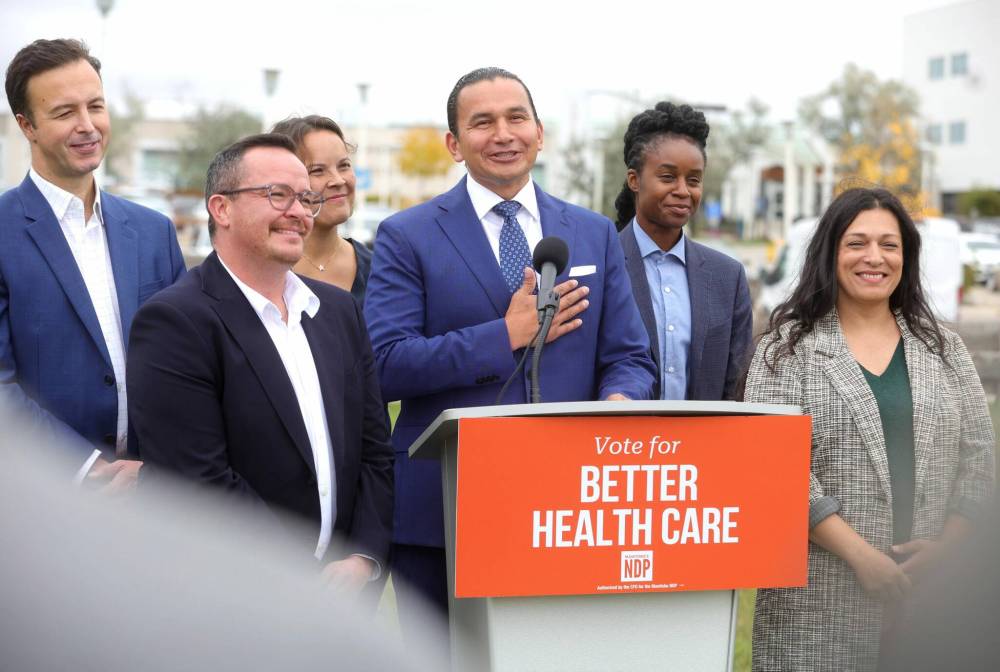 <p>RUTH BONNEVILLE / WINNIPEG FREE PRESS</p>
                                <p>NDP Leader Wab Kinew held his final campaign event Monday outside the Grace Hospital in Kirkfield Park — a popular spot for NDP candidates, who made at least three announcements on the hospital’s south lawn.</p>