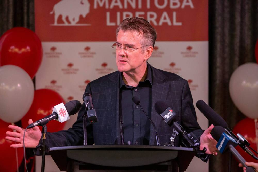 Brook Jones / Winnipeg Free Press
                                Manitoba Liberal Leader Dougald Lamont announcing he is stepping down as party leader.