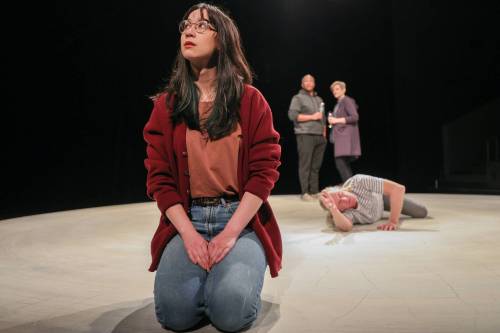 RUTH BONNEVILLE / WINNIPEG FREE PRESS
                                Actor Bailey Chin, as Isabel, rehearses a scene of Feast on stage at Prairie Theatre Exchange. The Guillermo Verdecchia play kicks off the PTE&rsquo;s 51st season Oct. 10.