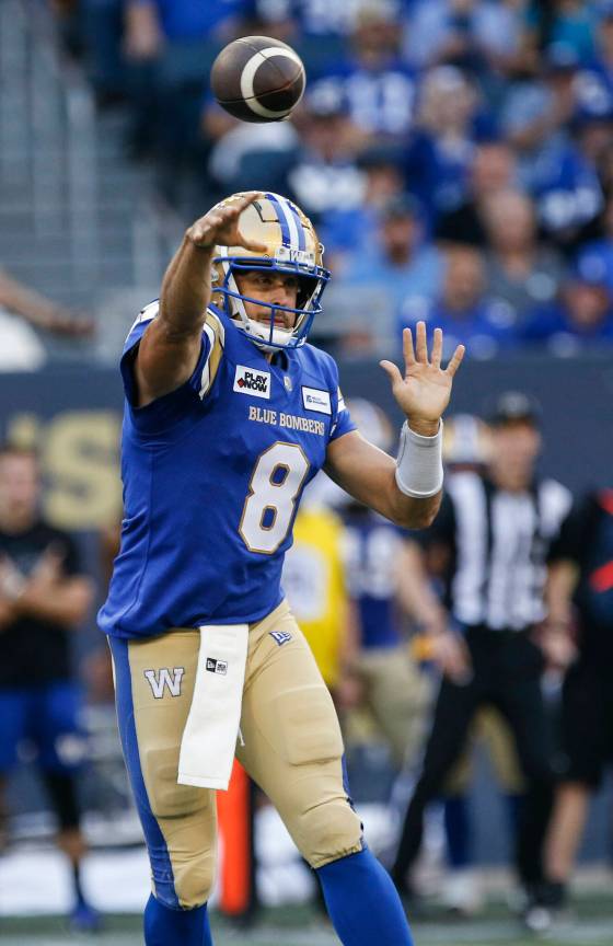 Bombers quarterback Zach Collaros tossed a trio of touchdowns the last time the Blue and Gold faced the Lions in August. (John Woods / The Canadian Press files)