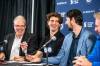 MIKAELA MACKENZIE / WINNIPEG FREE PRESS
                                Jets forward Mark Scheifele (centre) and goaltender Connor Hellebuyck (right) sign seven-year contract extensions with general manger Kevin Cheveldayoff at the Hockey For All centre on Tuesday.