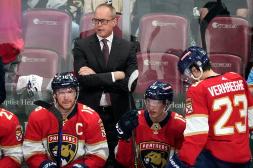 THE CANADIAN PRESS/AP-Lynne Sladky
                                Florida Panthers head coach Paul Maurice watches during the third period of Game 3 of an NHL hockey Stanley Cup first-round playoff series against the Boston Bruins, Friday, April 21, 2023, in Sunrise, Fla. Maurice is in Toronto with the Florida Panthers in the second round of the playoffs following a stunning upset of the Presidents&rsquo; Trophy-winning Boston Bruins.