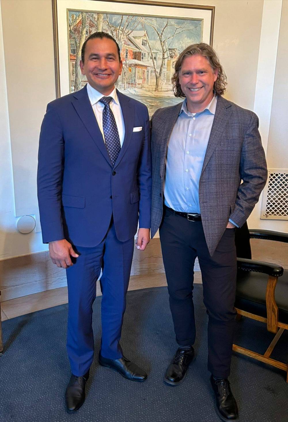 Premier-designate Wab Kinew (left) and Brandon Mayor Jeff Fawcett (right) had their first post-election meeting last week. Kinew's NDP won 34 seats in the Manitoba Legislature — including Brandon East — to earn a majority government. (Submitted)