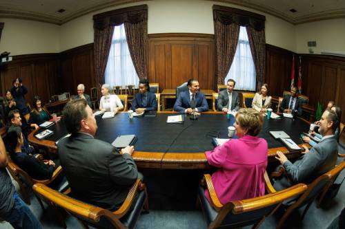 MIKE DEAL / WINNIPEG FREE PRESS
                                Premier Wab Kinew meets with members of the executive council for their first cabinet meeting at the Manitoba Legislative building Thursday morning. 231019 - Thursday, October 19, 2023.