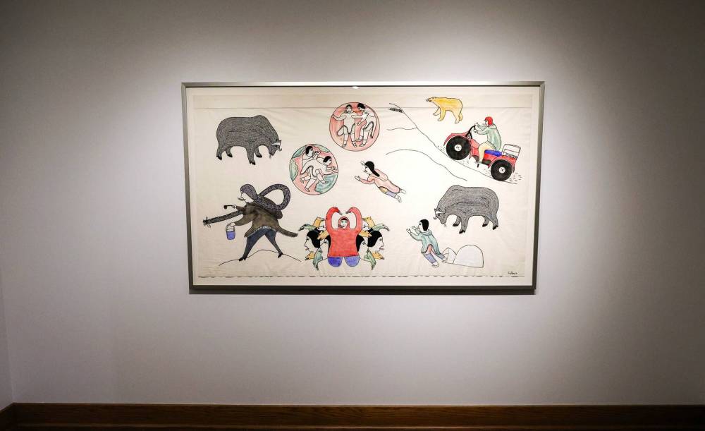 RUTH BONNEVILLE / WINNIPEG FREE PRESS
                                Victoria Mamnguqsualuk’s Breathing in the Cold hangs at Planet Love exhibit, at Buhler Gallery.