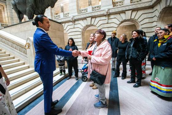 Premier Wab Kinew and fellow NDP ministers met with family members of Morgan Harris and Marcedes Myran, chief Kyra Wilson, and chief Kathy Merrick at the Manitoba Legislative Building Thursday. (Mikaela MacKenzie / Winnipeg Free Press)