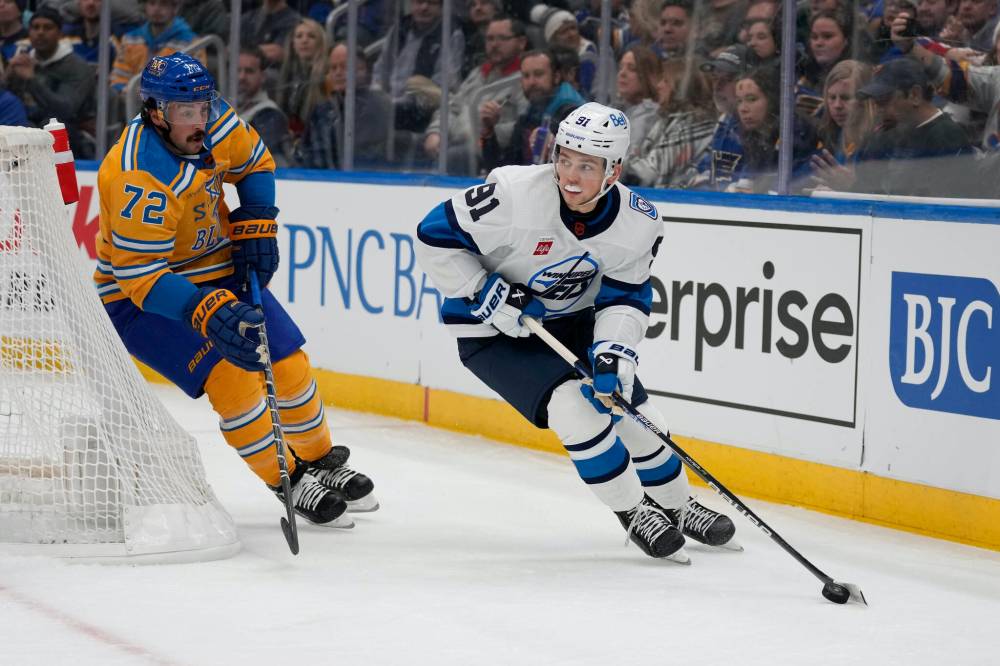 Jeff Roberson / The Associated Press files
Jets forward Cole Perfetti has recently been moved to the first power-play unit from the second.