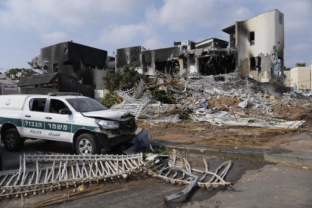 A destroyed police station that was overrun by Hamas militants on Saturday, is seen in Sderot, Israel, Sunday, Oct.8, 2023. Hamas militants stormed over the border fence Saturday, killing hundreds of Israelis in surrounding communities. (AP Photo/Ohad Zwigenberg)