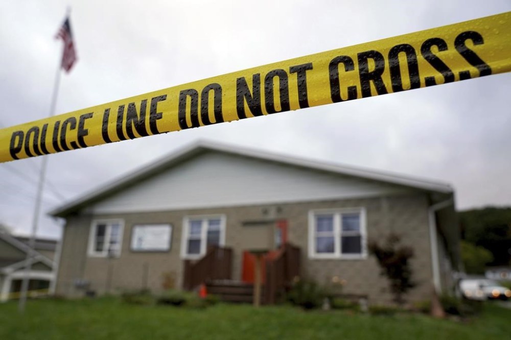 The scene of a fatal shooting at the Chevy Chase Community Center in White Township, Indiana County, Pa., Sunday, Oct. 8, 2023. State police in Indiana County said troopers, local officers and emergency services responded at 12:35 a.m. Sunday to the shooting at the center in White Township, about 50 miles (80 kilometers) northeast of Pittsburgh. (Sean Stipp/TribLIVE.com via AP)