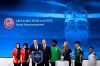 UEFA president Aleksander Ceferin, fourth left, shows the name of UK and Ireland elected to host the Euro 2028 fooball tournament with Gareth Bale, third left, Welsh soccer player and Ambassador during the the UEFA EURO 2028 and 2032 hosts announcement ceremony after the UEFA Executive Committee, at UEFA Headquarters, in Nyon, Switzerland, Tuesday, October 10, 2023. UEFA has decided the future of soccer’s European Championship for the next decade. The United Kingdom and Ireland will host in 2028 and an unusual Italy-Turkey co-hosting plan was picked for 2032. (Jean-Christophe Bott/Keystone via AP)