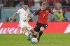 Canada's Stephen Eustaquio, left, and Belgium's Kevin De Bruyne fight for the ball during the World Cup group F soccer match between Belgium and Canada, at the Ahmad Bin Ali Stadium in Doha, Qatar, Wednesday, Nov. 23, 2022. Canada will be without influential midfielder Eustaquio when it takes on Japan in an international soccer friendly on Friday in Niigata. THE CANADIAN PRESS/AP/Darko Bandic