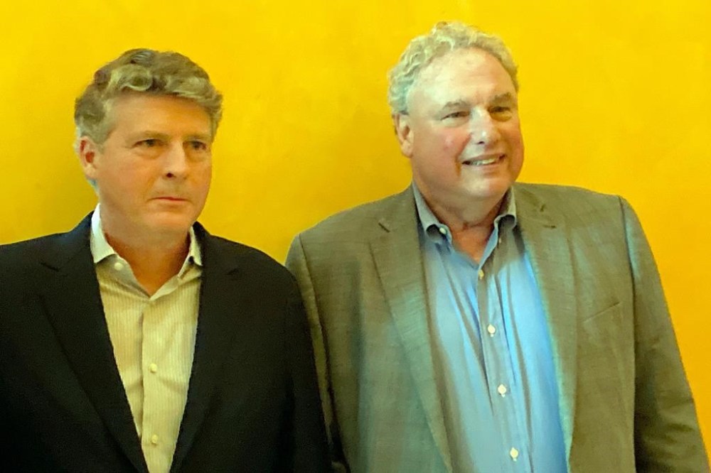New York Yankees owner Hal Steinbrenner, left, and team president Randy Levine pose at the Sportico Invest in Sports Conference, Wednesday, Oct. 11, 2023, in New York. (AP Photo/Ronald Blum)