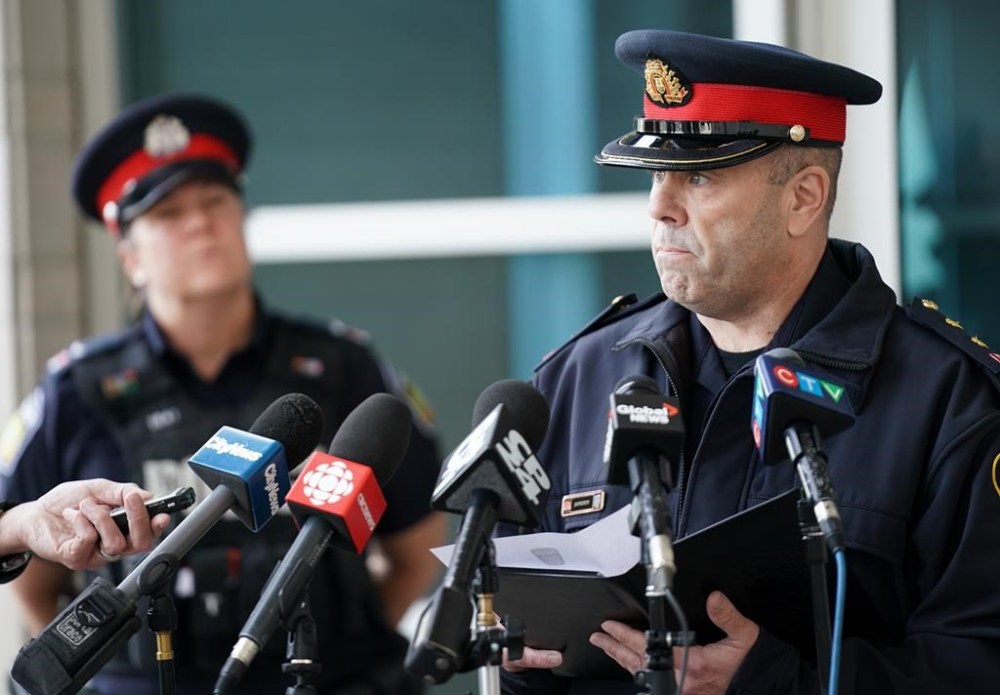 Peel Police Inspector Stephen Duivesteyn speaks to the media regarding a theft at Toronto Pearson International Airport in Mississauga, Ont., on Thursday, April 20, 2023. Brink's Inc. is suing Air Canada over a $20-million gold heist at Toronto's Pearson airport last Spring. THE CANADIAN PRESS/Arlyn McAdorey