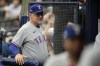 Texas Rangers manager Bruce Bochy is shown in the dugout before the start of Game 2 in an AL wild-card baseball playoff series against the Tampa Bay Rays, Wednesday, Oct. 4, 2023, in St. Petersburg, Fla. (AP Photo/John Raoux)