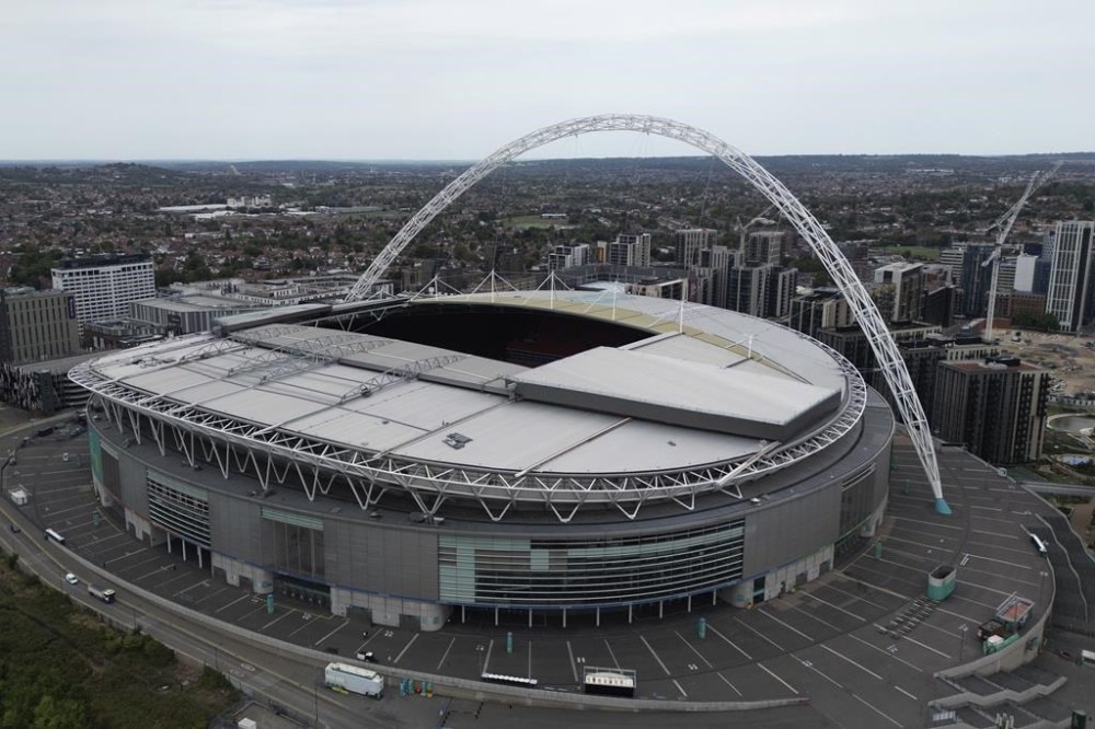 FILE - An aerial view of Wembley stadium in London, Thursday, Sept. 1, 2022. UEFA has decided the future of soccer’s European Championship for the next decade. The United Kingdom and Ireland will host in 2028 and an unusual Italy-Turkey co-hosting plan was picked for 2032. (AP Photo/Frank Augstein, File)