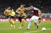 Aston Villa's Nicolo Zaniolo, right, and HSK Zrinjski's Matej Senic, left, challenge for the ball during the Europa Conference League Group E soccer match between Aston Villa and HSK Zrinjski in Birmingham, England, Thursday, Oct. 5, 2023. (Joe Giddens/PA via AP)