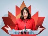 Alberta Premier Danielle Smith speaks to the media in Calgary, Monday, Sept. 18, 2023. The Alberta government will begin telephone town hall consultations with the public starting next week on whether to quit the Canada Pension Plan. THE CANADIAN PRESS/Jeff McIntosh