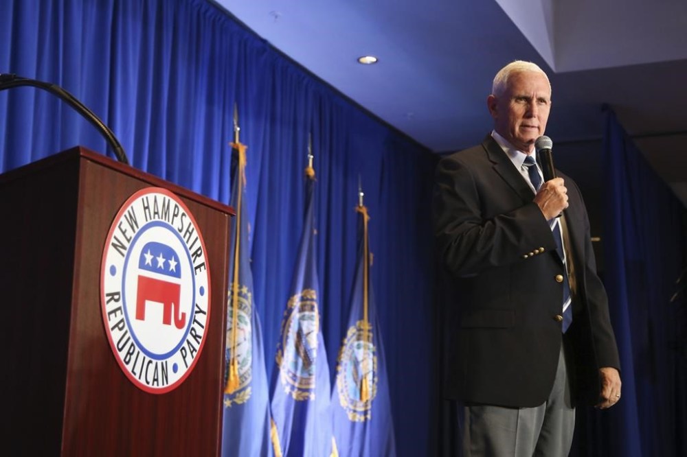 FILE - Republican presidential candidate and former Vice President Mike Pence speaks during the New Hampshire Republican Party's First In The Nation Leadership Summit Saturday, Oct 14, 2023, in Nashua, N.H. The Republican Party’s White House hopefuls are offering conflicting messages on the growing foreign policy challenges. A presidential election that has long been centered on domestic kitchen-table issues is suddenly shifting its focus abroad with the Israel-Hamas war. (AP Photo/Reba Saldanha, File)