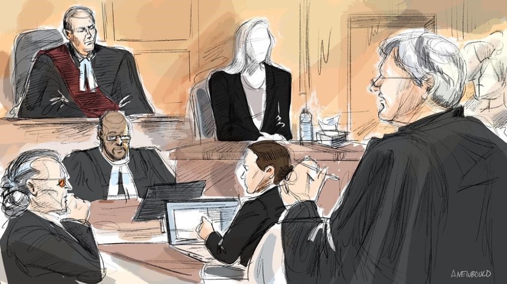 One of the women who has accused Peter Nygard of sexual assault is testifying at his Toronto trial that the former fashion mogul flew her to Toronto for a business meeting under the guise of helping with her fashion career. Nygard, clockwise starting bottom left, Justice Robert Goldstein, complainant on the stand, defence lawyer Brian Greenspan, Toronto Police Service Det.-Sgt. Erin Hanlon and a court clerk are seen in a courtroom sketch in Toronto, Wednesday, Oct. 11, 2023. THE CANADIAN PRESS/Alexandra Newbould