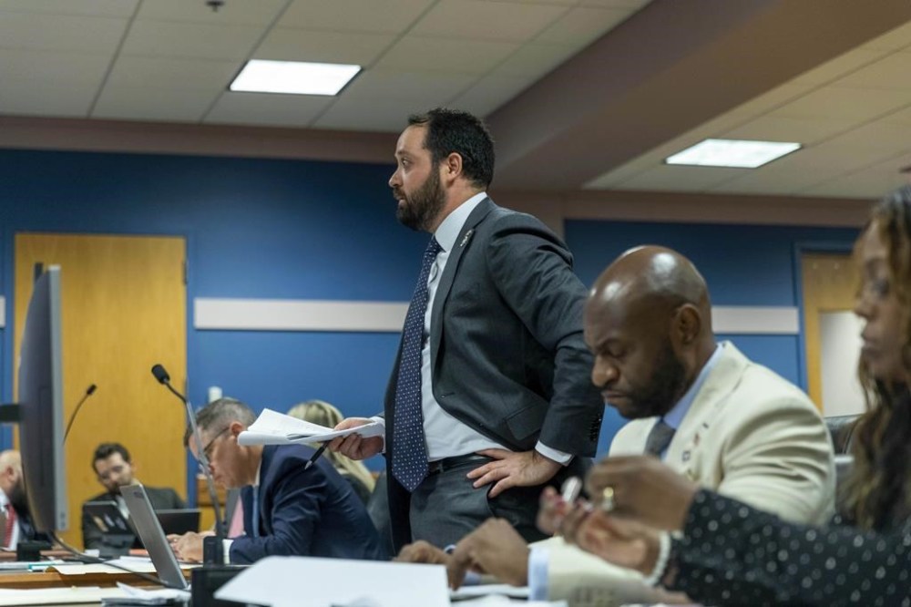 Fulton County Assistant District Attorney Alex Bernick speaks to Fulton County Superior Judge Scott McAfee during a jury questionnaire hearing at the Fulton County Courthouse on Monday, Oct. 16, 2023, in Atlanta. (Alyssa Pointer/Pool Photo via AP)