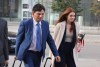 Lawrence Greenspon, left, lawyer for Tamara Lich, not shown, arrives at the courthouse in Ottawa, Monday, Oct. 16, 2023. A police liaison officer who communicated directly with 