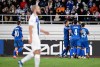 Kazakhstan's players celebrate their side's opening goal during the Euro 2024 Group H qualifying soccer match between Finland and Kazakhstan, in Helsinki, Finland, Tuesday, Oct. 17, 2023. (Emmi Korhonen/Lehtikuva via AP)
