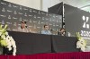 American golfer Rickie Fowler, left, speaks at a press conference at the Accordia Golf Narashino Country Club in Inzai, Chiba prefecture, Japan Wednesday, Oct. 18, 2023. (AP Photo/Steve Wade)