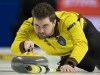 Manitoba's Matt Dunstone delivers a rock against Wild Card 1 in playoff action at the 2023 Tim Hortons Brier in London, Ont. on Friday March 10, 2023. Dunstone defeated Brendan Bottcher 7-1 in a battle of Canadian skips on Thursday morning at the Grand Slam's HearingLife Tour Challenge.THE CANADIAN PRESS/Frank Gunn