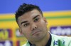 Brazil's Casemiro looks on during a press conference prior to a training session in Cuiaba, Brazil, Wednesday, Oct. 11, 2023. Brazil will face Venezuela in a World Cup 2026 qualifying soccer match on Thursday. (AP Photo/Andre Penner)