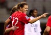 Canada's Christine Sinclair celebrates her penalty kick goal against Cuba during the first half of play in a CONCACAF women's Olympic qualifying soccer game in Vancouver, B.C., on Saturday January 21, 2012. The star Canadian soccer player has announced her retirement. THE CANADIAN PRESS/Darryl Dyck