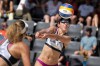 Melissa Humana-Paredes of Canada, rear, and Brandie Wilkerson of Canada, front, in action during their beach volleyball World Beach Pro Tour Elite 16 quarterfinal match against Sara Hughes of United States, and Kelly Cheng of United States in Gstaad, Switzerland, Saturday, July 8, 2023. The beach volleyball team of Humana-Paredes and Wilkerson have been named Canada’s flag-bearers for the Pan American Games opening ceremonies. THE CANADIAN PRESS/AP-Anthony Anex/Keystone via AP