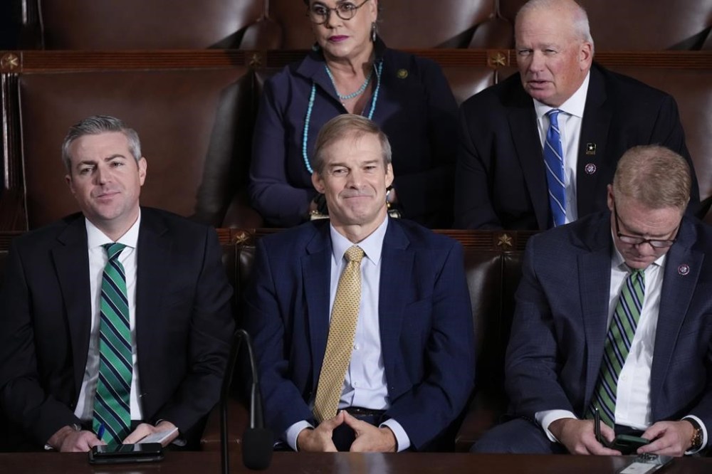 Rep. Jim Jordan, R-Ohio, center, and others, look on as the vote is counted for a third ballot to elect a speaker of the House, at the Capitol in Washington, Friday, Oct. 20, 2023. (AP Photo/J. Scott Applewhite)