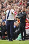 Everton's head coach Sean Dyche reacts during the English Premier League soccer match between Liverpool and Everton, at Anfield in Liverpool, England, Saturday, Oct. 21, 2023. (AP Photo/Jon Super)