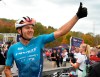 FILE PHOTO — Gunnar Holmgren of Orillia Ont. gives the thumbs up at the mountain bike Cross-country Short Track event at the UCI World Cup, Friday, October 6, 2023 in Beaupre, Que. Holmgren won Canada's first gold medal at the Pan American Games on Saturday. THE CANADIAN PRESS/Jacques Boissinot