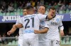Napoli's Matteo Politano, second left, celebrates scoring with teammates during the Serie A soccer match between Hellas Verona and Napoli at Marcantonio Bentegodi Stadium. in Verona, Italy, Saturday Oct. 21, 2023. (Paola Garbuio/LaPresse via AP)