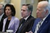 From left, Commerce Secretary Gina Raimondo, Secretary of State Antony Blinken and President Joe Biden listen during a meeting with European Council President Charles Michel and European Commission President Ursula von der Leyen in the Cabinet Room of the White House, Friday, Oct. 20, 2023, in Washington. (AP Photo/Evan Vucci)