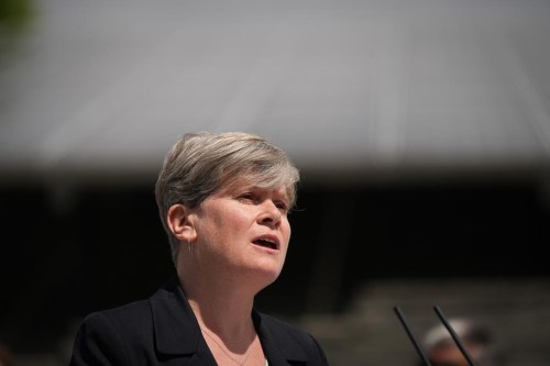 Josie Osborne, minister of energy, mines and low carbon innovation, speaks during an announcement at the Tsleil-Waututh Nation, in North Vancouver, B.C., on Thursday, June 15, 2023. British Columbia's government is accelerating its zero-emission vehicle targets so it can hit its goal five years sooner. Osborne says the province is the 